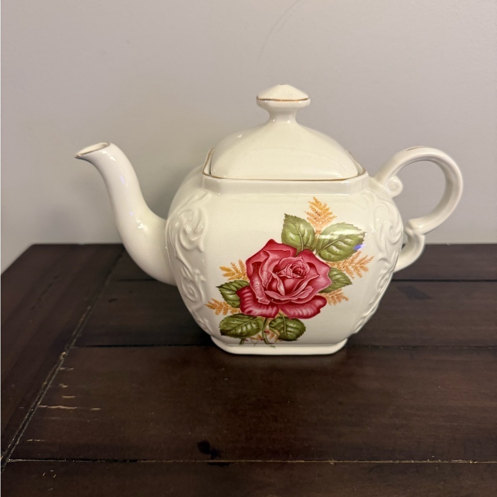 Wood & Sons Alpine White Ironstone Teapot Pink Rose – England